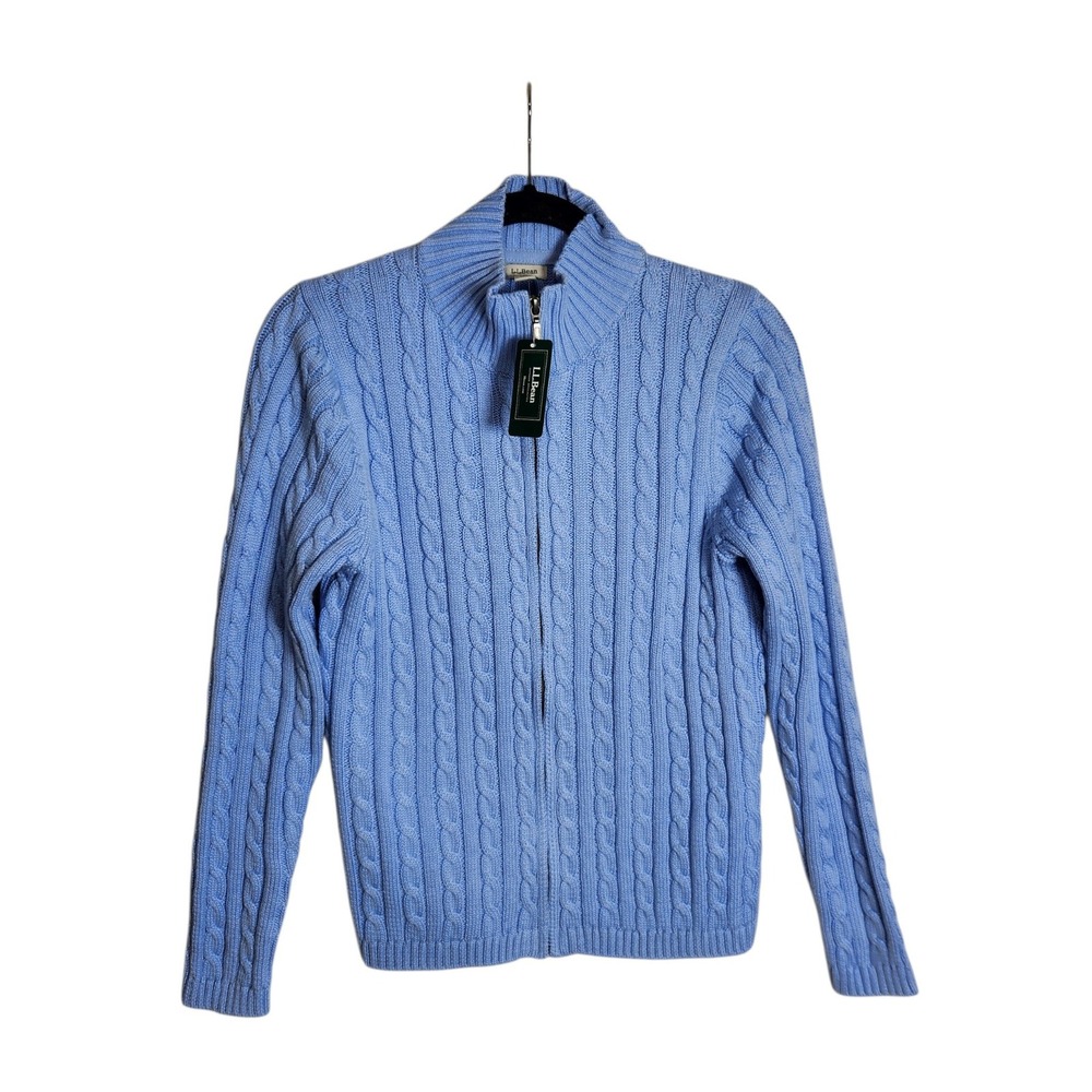 LL Bean Double Cotton Cable Zip Cardigan Sweater Blue Womens M